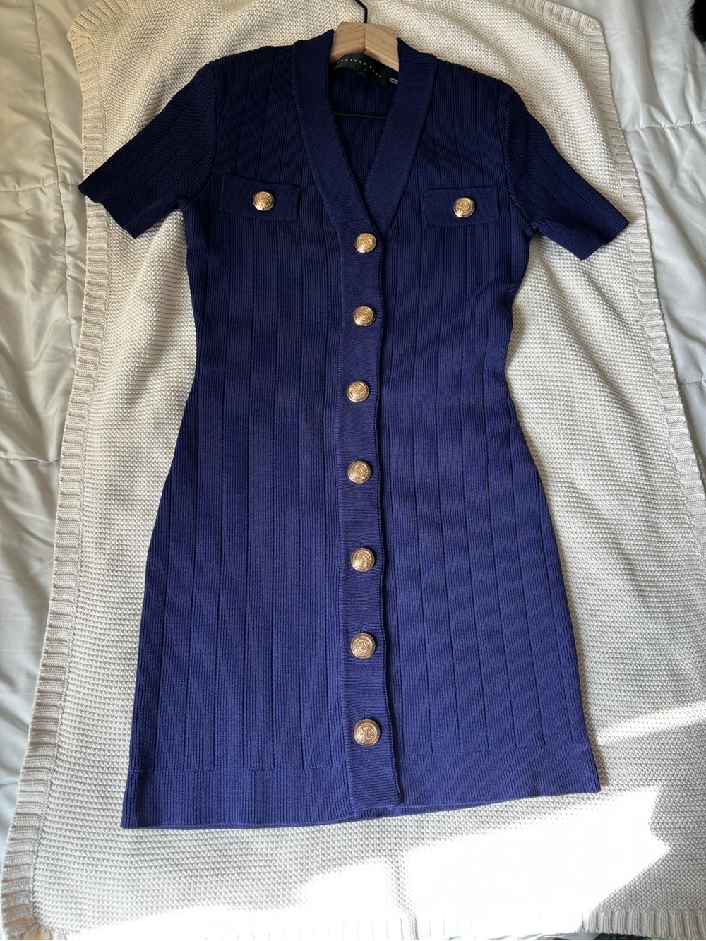 Endless Rose Navy Short-Sleeve Ribbed Button Dress